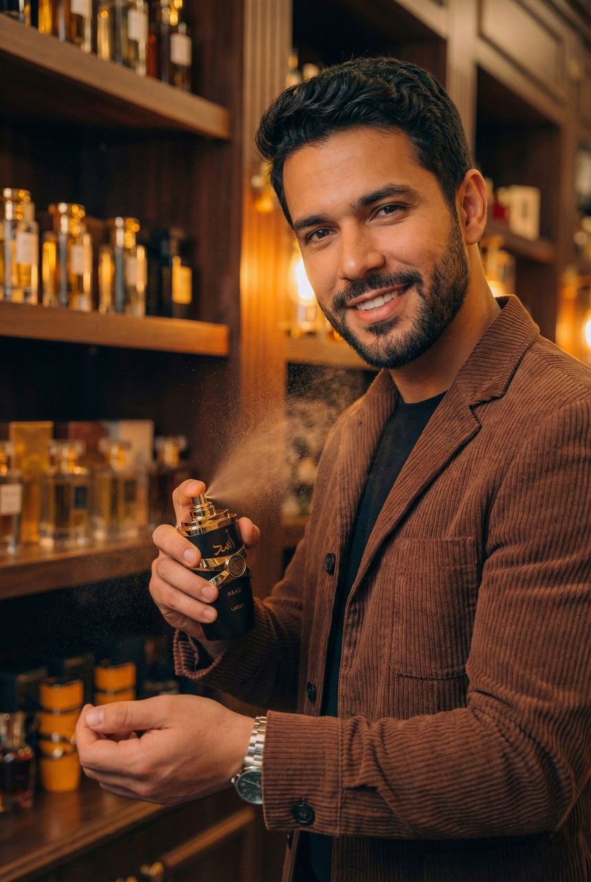 Homem aplicando perfume Lattafa Asad em loja luxuosa